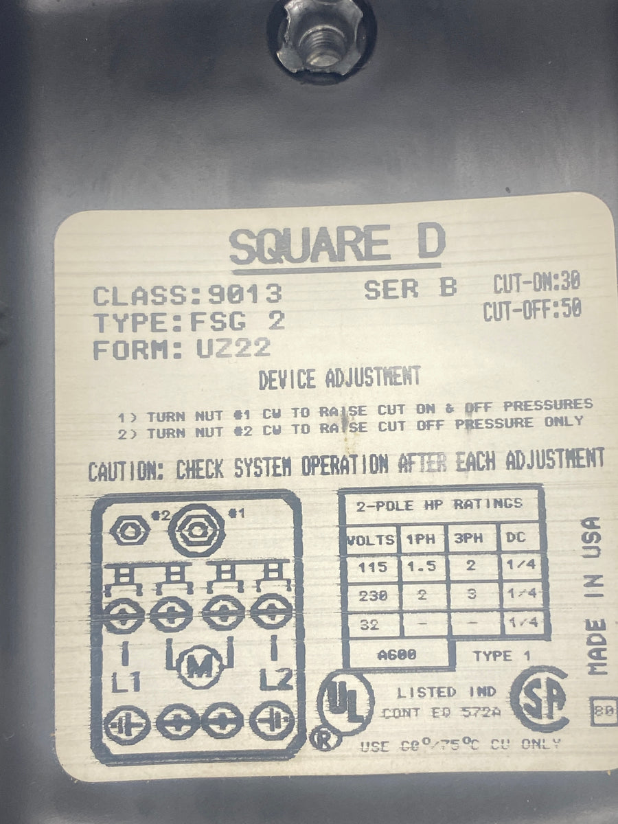 Square D Class 9013 Type FSG 2, 30 On/50 Off Pressure Switch (No Box ...