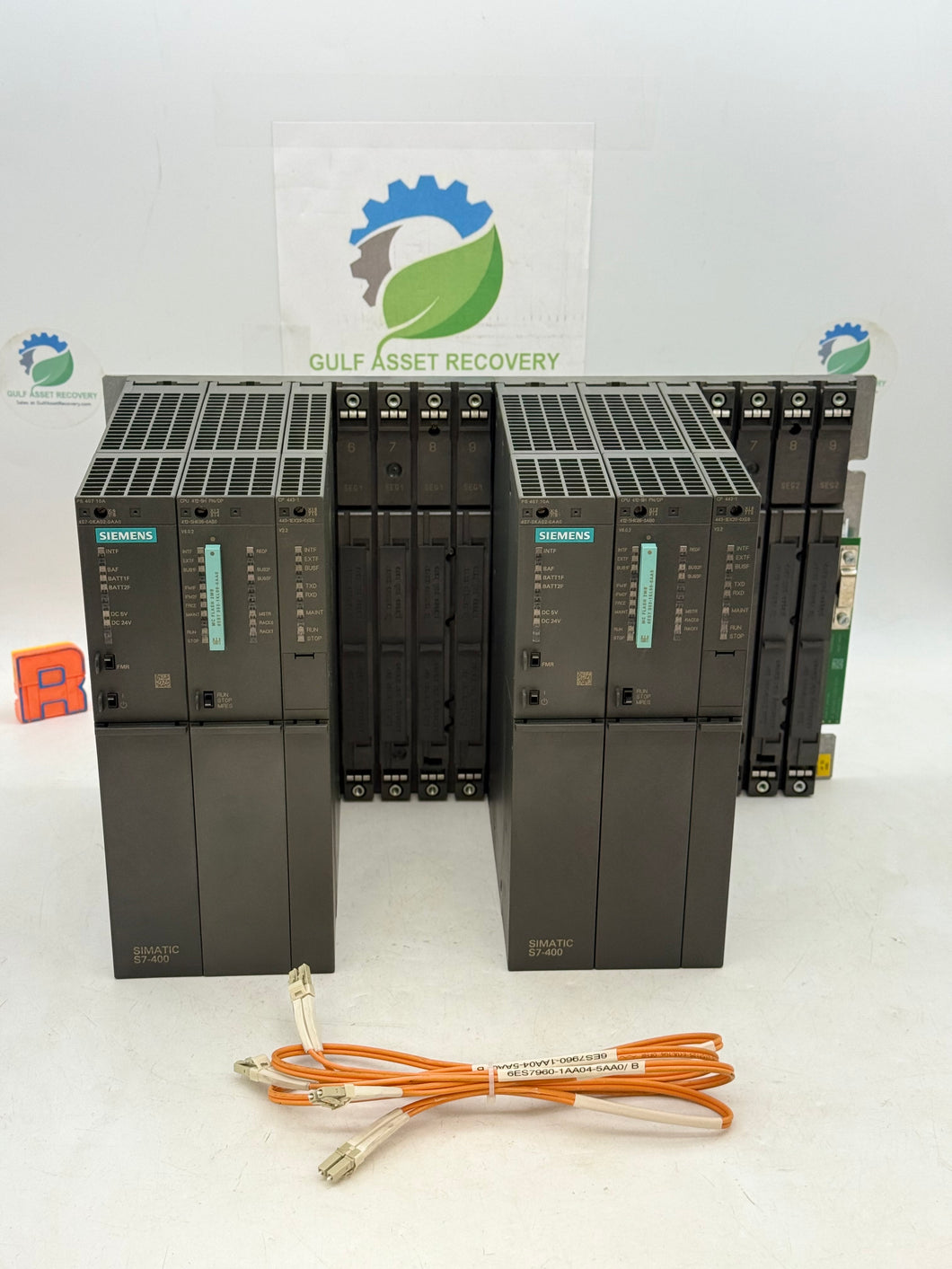 Siemens Simatic S7-400 PLC Rack w/ 6 Mod (x2) CPU412-5H, PS407-10A, CP443-1 (Used)