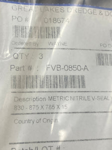 APG FVB-0850-A Type A Nitrile V-Seal 785mm ID 830-875mm Dia Shaft *Lot of (3)* (No Box)
