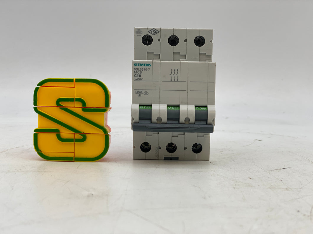 Siemens 5SL6310-7 400VAC 6kA 3P C 10A Circuit Breaker (Used)