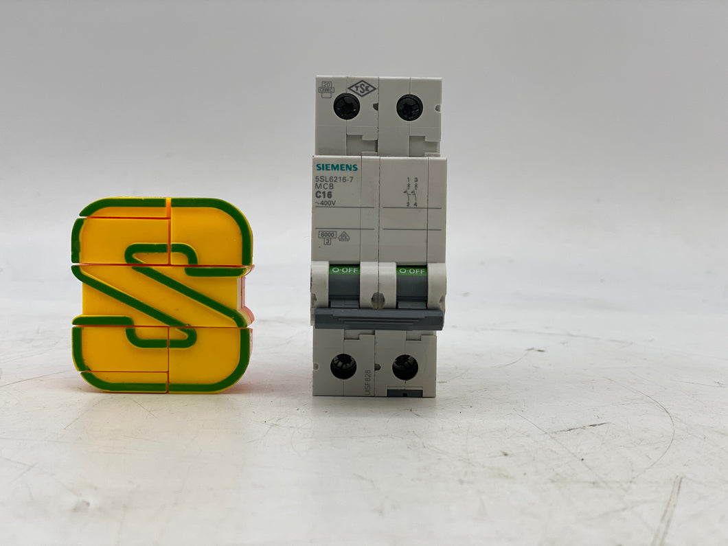 Siemens 5SL6216-7 400VAC 6kA 2-P C 16A Circuit Breaker (Used)