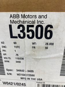 ABB Baldor L3506 Electric Motor, 3/4Hp, 1Ph, 3450 RPM 115/230VAC (Open Box)