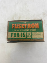 Load image into Gallery viewer, Bussmann FRN-15 Fusetron Dual Element Time Delay Fuse, 250V, 10/Box *Lot of (3) Boxes* (Open Box)