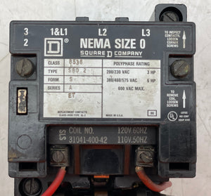 Square D 8536SBO2V02S Series A Size 0 Motor Starter w/ 120VAC Coil (Used)
