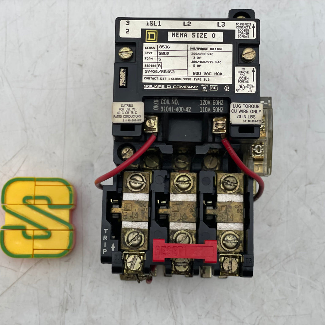 Square D 8536SBO2V02SX10 Size 0 Starter w/ 120V Coil, 1 NO Aux Contact (Used)