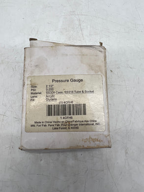Grainger 4CFH6 Pressure Gauge, 200 PSI, 2.5