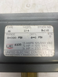 United Electric Controls J6-274 9618 Pressure Switch, 0-300PSI (No Box)