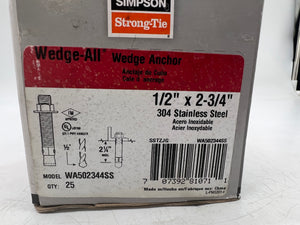 Simpson Strong-Tie WA502344SS Wedge Anchor, 1/2" x 2-3/4" *Box of (25)* (Open Box)