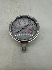Grainger 4CFK1A Pressure Gauge, 0-160 PSI, 3.5" Dial, SS, Liquid Filled, 1/4" MNPT (New)