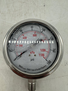 Grainger 4CFK1A Pressure Gauge, 0-160 PSI, 3.5" Dial, SS, Liquid Filled, 1/4" MNPT (New)