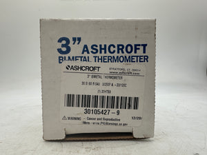 Ashcroft 30105427-9 Bimetal Thermometer, 0-250 Deg. F, 3" Dial, 4" Stem, 1/2" NPT (New)
