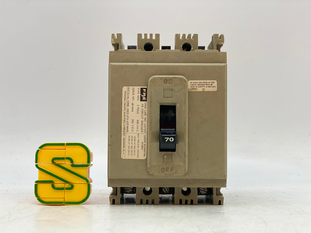 FPE Type HEG Circuit Breaker 70A 3P 600 VAC (Used)