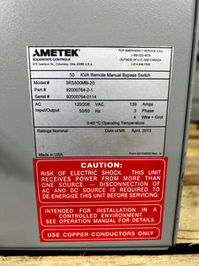 Ametek 92000764-2-1 3RS500MB-20 Remote Manual Bypass Switch, 120/208V (Used)