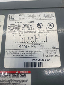 Square D 2S67F General Purpose Transformer, 2kVA, 220x440, 110/220 (Open Box)