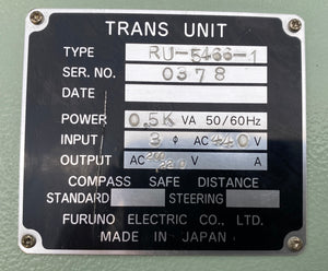 Furuno RU-5466-1 Transformer Unit, Pri: 3Ph 440VAC Sec: 200/220VAC 0.5KVA (Used)