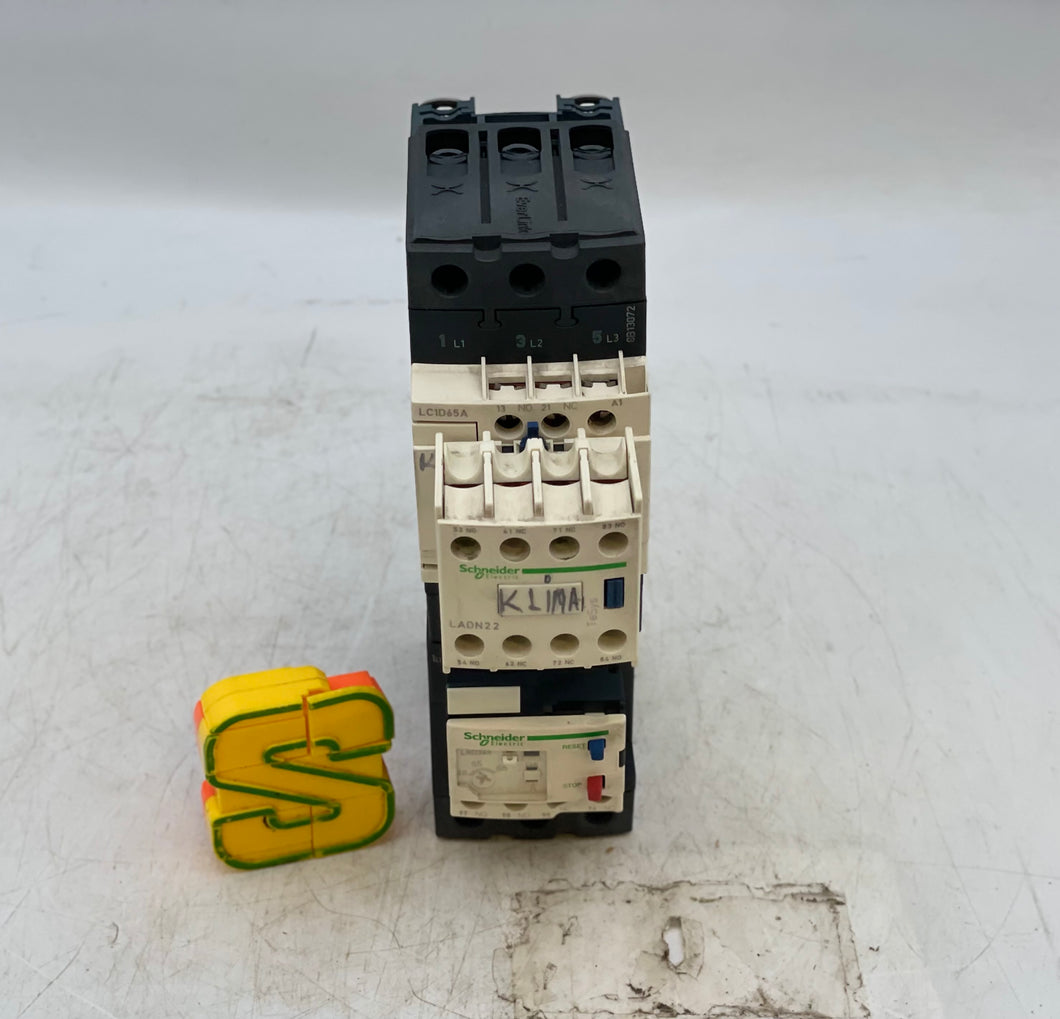 Schneider Electric LC1D65AM7 Motor Starter w/ LRD365 OLR, LADN22 (Used)