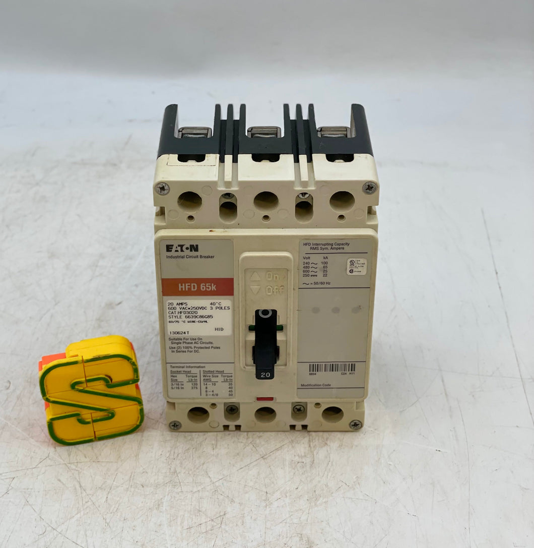 Eaton HFD3020 Circuit Breaker, 20A 3P 600VAC 250VDC (Used)