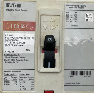Eaton HFD3020 Circuit Breaker, 20A 3P 600VAC 250VDC (Used)