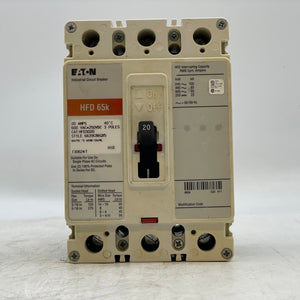 Eaton HFD3020 Circuit Breaker, 20A 3P 600VAC 250VDC (Used)