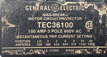 Load image into Gallery viewer, GE TEC36100 Mag-Break Circuit Breaker, 100A, 3P, 600VAC (Used)
