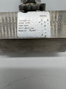 Parker HPBYB8FFHP 316 SS Hi-Pro Ball Valve, 1/2" FNPT Inlet/Outlet, 10mm Bore (Used)