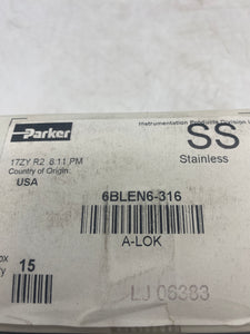 Parker 6BLEN6-316, A-LOK Tube Cap, 3/8" Tube OD, 316SS, *Box of (15)* (New)