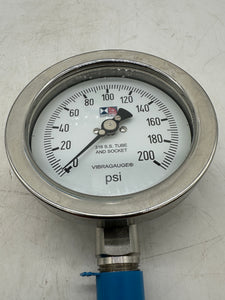 Stewarts-USA 41SV-200 Vibragauge Pressure Gauge 4” 0-200PSI 1/2"NPT 316SS (No Box)