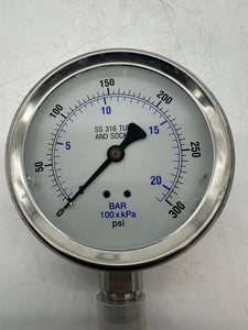 PIC 301L-402H Pressure Gauge 0-300 PSI Liq Filled 4" Dial 1/2" NPT Btm Mount (New)