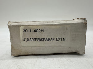 PIC 301L-402H Pressure Gauge 0-300 PSI Liq Filled 4" Dial 1/2" NPT Btm Mount (New)
