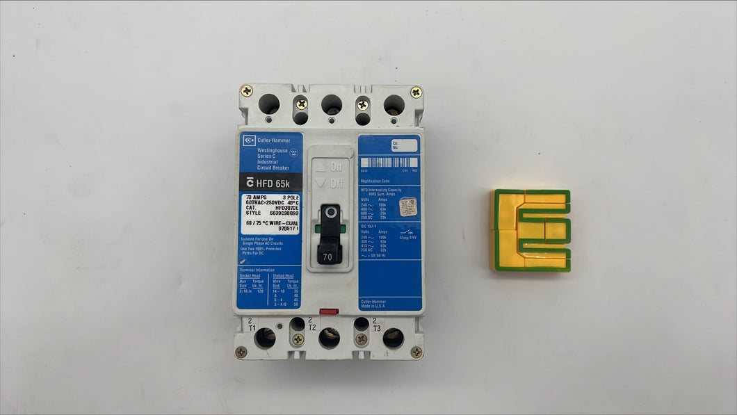 Cutler-Hammer HFD3070L Circuit Breaker, 70A, 3 Pole (Used)