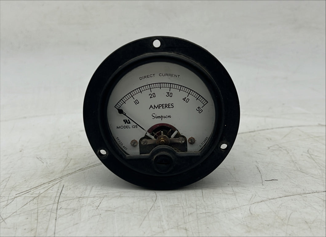Simpson 01550 125 DC Ammeter Panel Meter, 0-50 Amperes, 2-1/2” (Used)