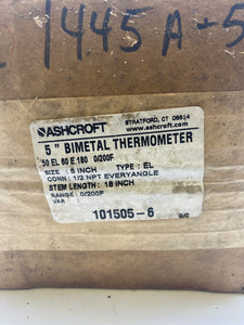 Ashcroft 50-EL-60-E-180-0/200F 5” EL Bi-Metal Thermometer, 0-200 Deg F (Open Box)