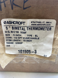 Ashcroft 50-EL-60-E-150-0/200F 5” EL Bi-Metal Thermometer, 0-200 Deg F (Open Box)