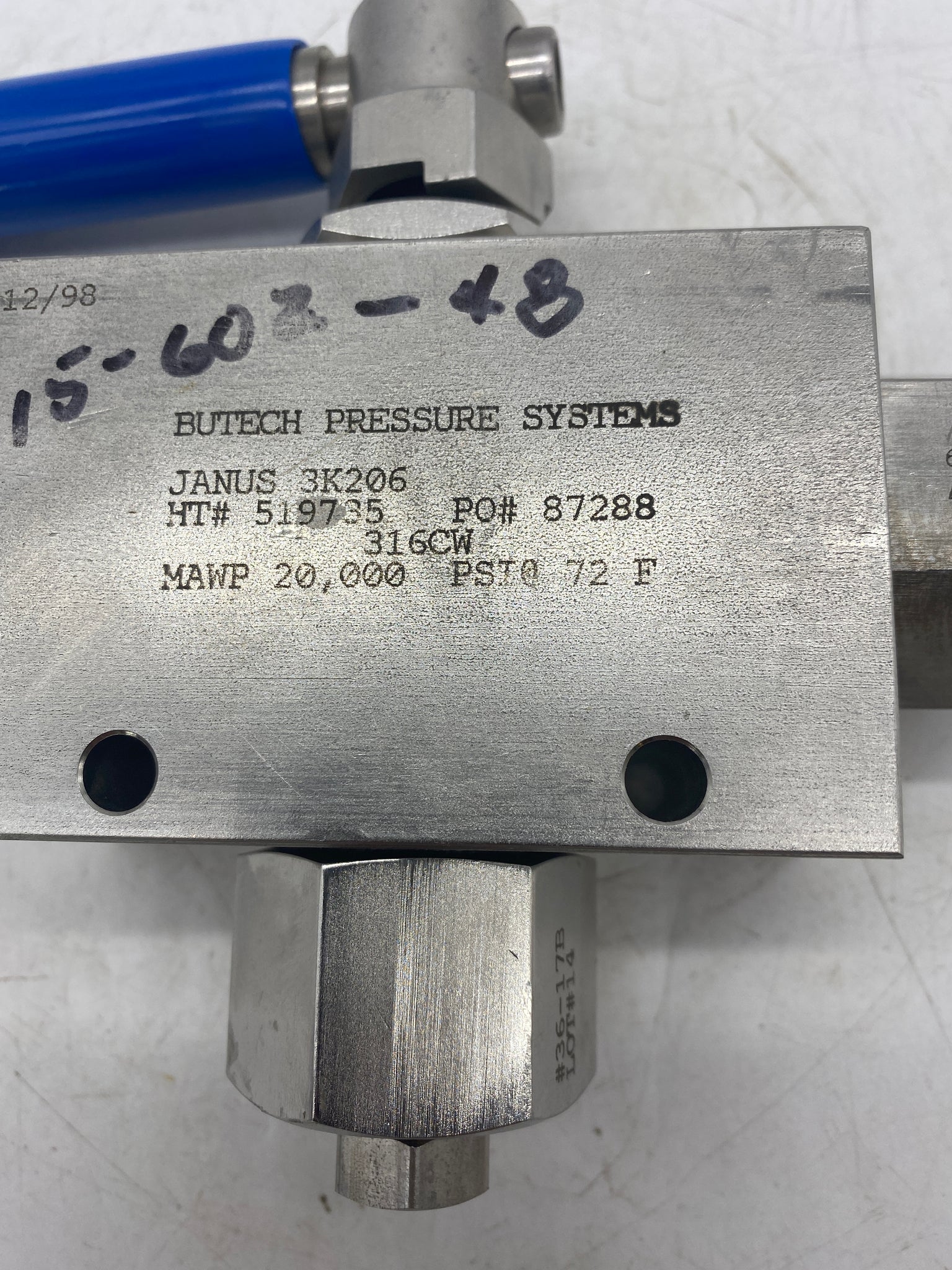 Butech 3K206, 3Way Trunnion Valve, 3/8" M/P Connection, 20,000 PSI (N