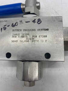 Butech 3K206, 3-Way Trunnion Valve, 3/8" M/P Connection, 20,000 PSI (No Box)