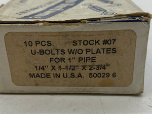 Chicago Hardware U-Bolt, 1/4" X 1-1/2" X 2-3/4" *Lot of (10) U-Bolts with Nuts* (No Box)