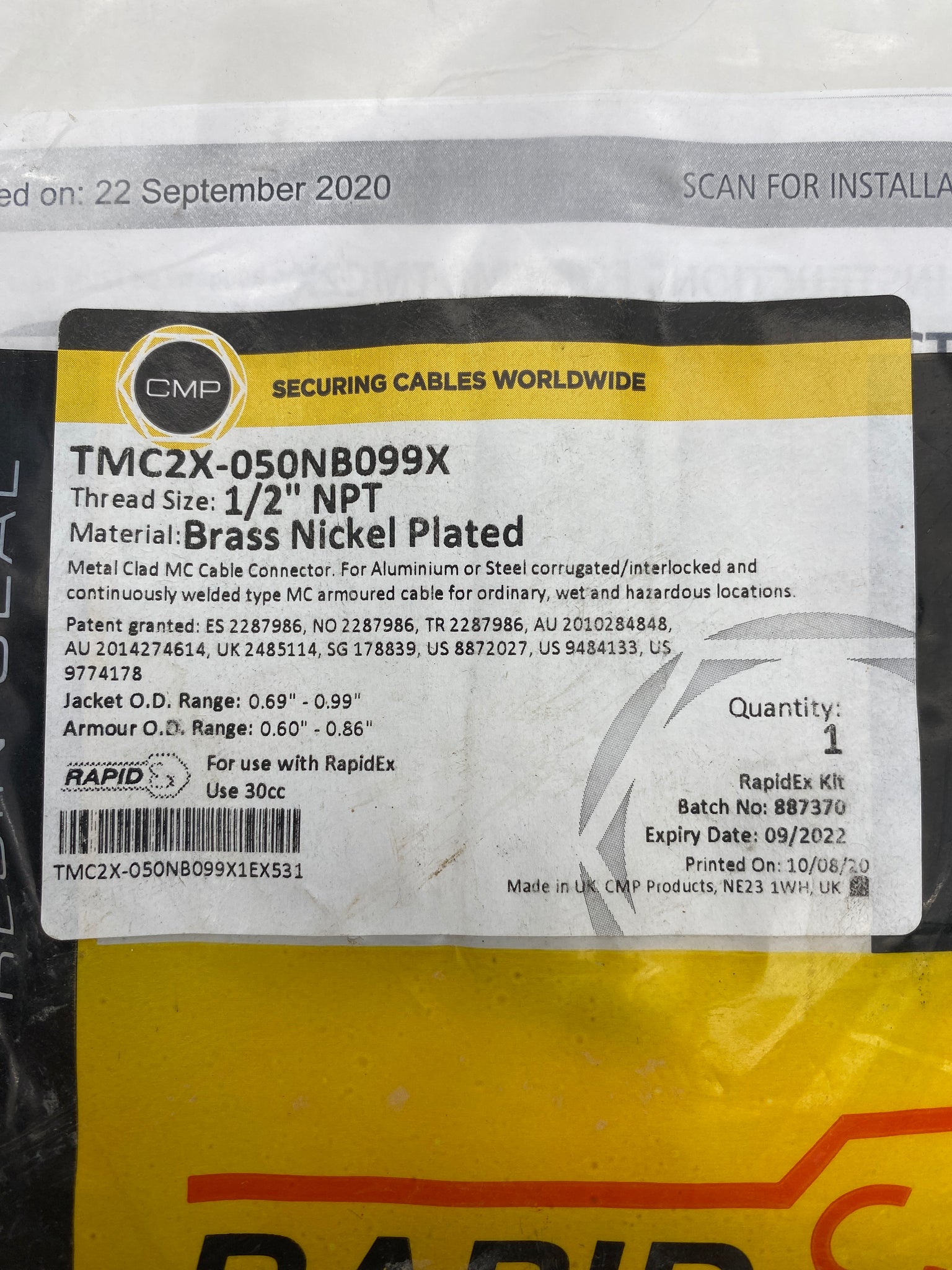 Cmp Rpidex CMP TMC2X-050NB099X RapidEx Metal Clad MC Cable Connector, 1/2