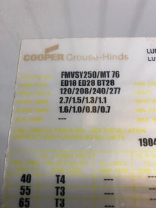 Cooper Crouse-Hinds FMVSY250/MT76 MO5 Floodlight Fixture, 250W (Used)