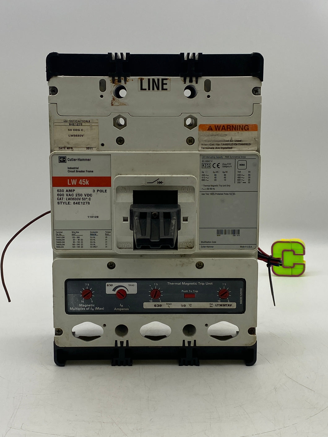 Eaton Cutler Hammer LW3630V LW 45k Circuit Breaker, 630 Amp (Used)
