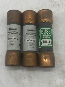 Assortment of Cooper Bussman One Time Fuses, NON-3, 15, 20 *Lot of (17) Fuses* (No Box)