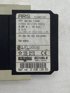 Entrelec Schiele ARS Timetron Off Delay Timer w/o Auxiliary Supply, 0,05 sec. -10 min. (Used)